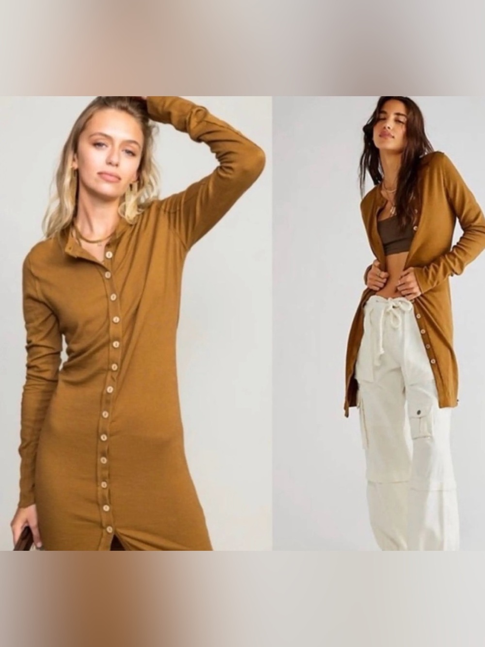 Free People We The Free Button Front Mini Dress Cardigan M Brown Ribbed Duster